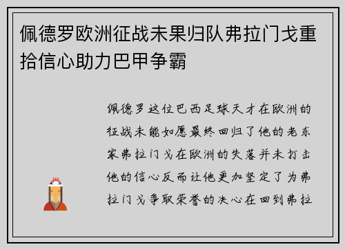 佩德罗欧洲征战未果归队弗拉门戈重拾信心助力巴甲争霸