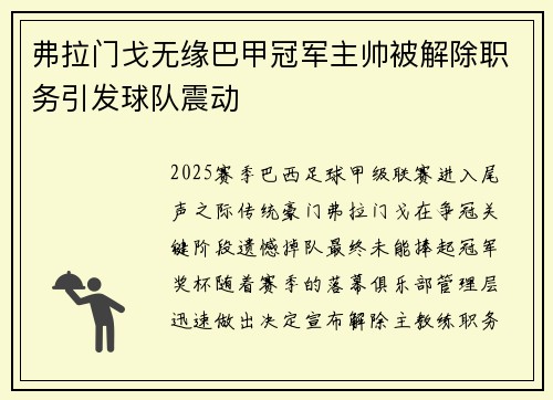 弗拉门戈无缘巴甲冠军主帅被解除职务引发球队震动 弗拉门戈无缘巴甲冠军主帅被解除职务引发球队震动