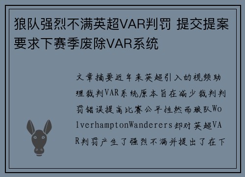 狼队强烈不满英超VAR判罚 提交提案要求下赛季废除VAR系统